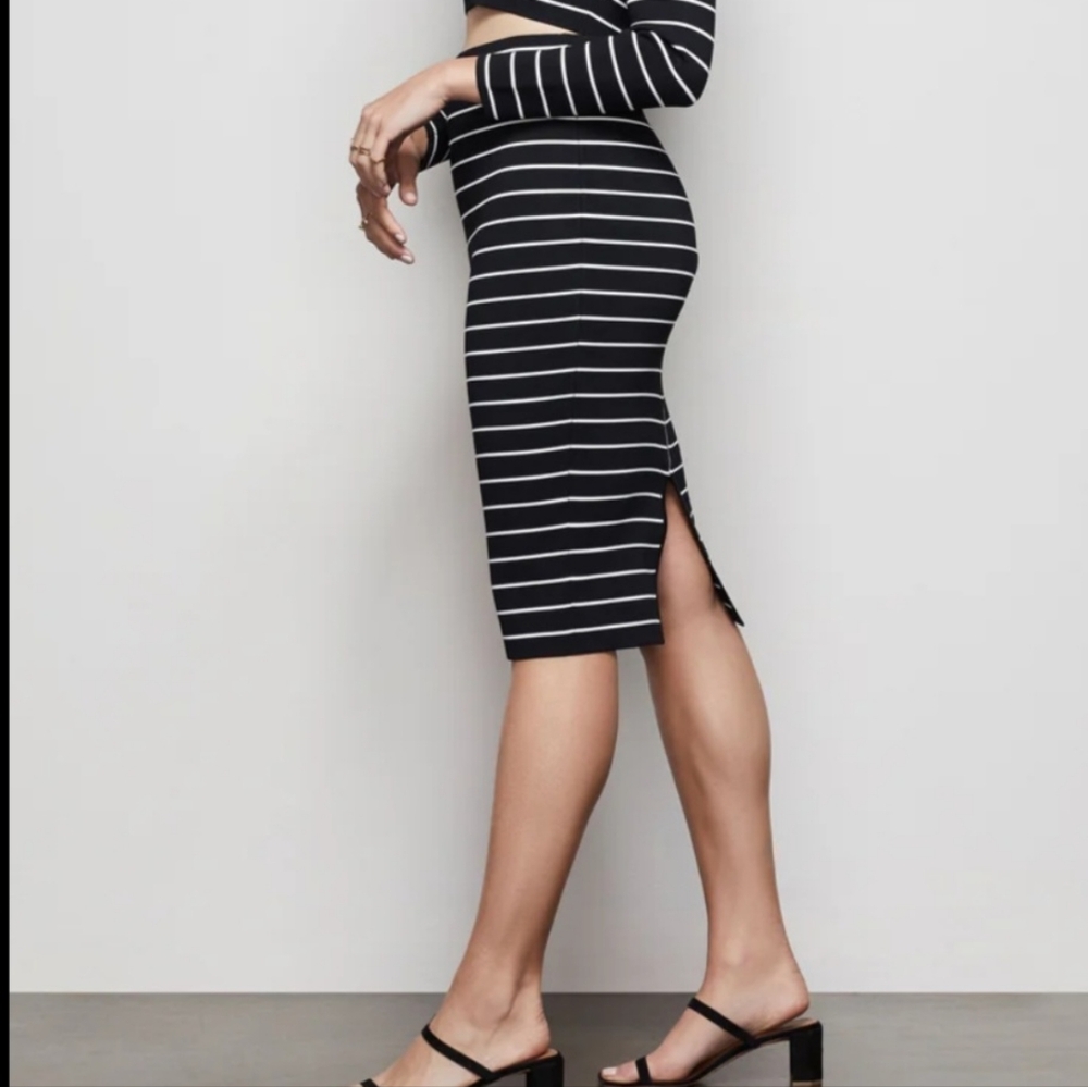 GOOD AMERICAN The High Line Midi Black|White Striped Full Zip Pencil Skirt SZ 1